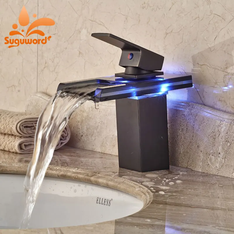 

LED Color Changing Oil Rubbed Broze Glass Spout Basin Tap Bathroom Sink Faucet Hot&Cold Faucet