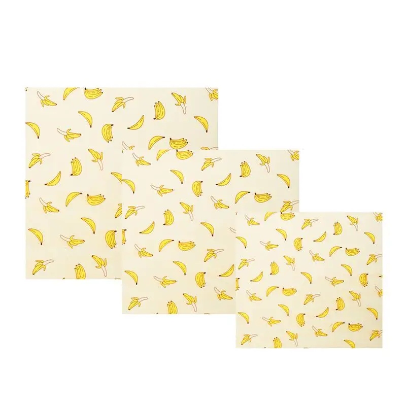 

3 Pcs Fabric Banana Printing Reusable 3 Different Sizes Beeswax Preservation Cloth Cotton Cloth For Home Coffee Shop Kitchen