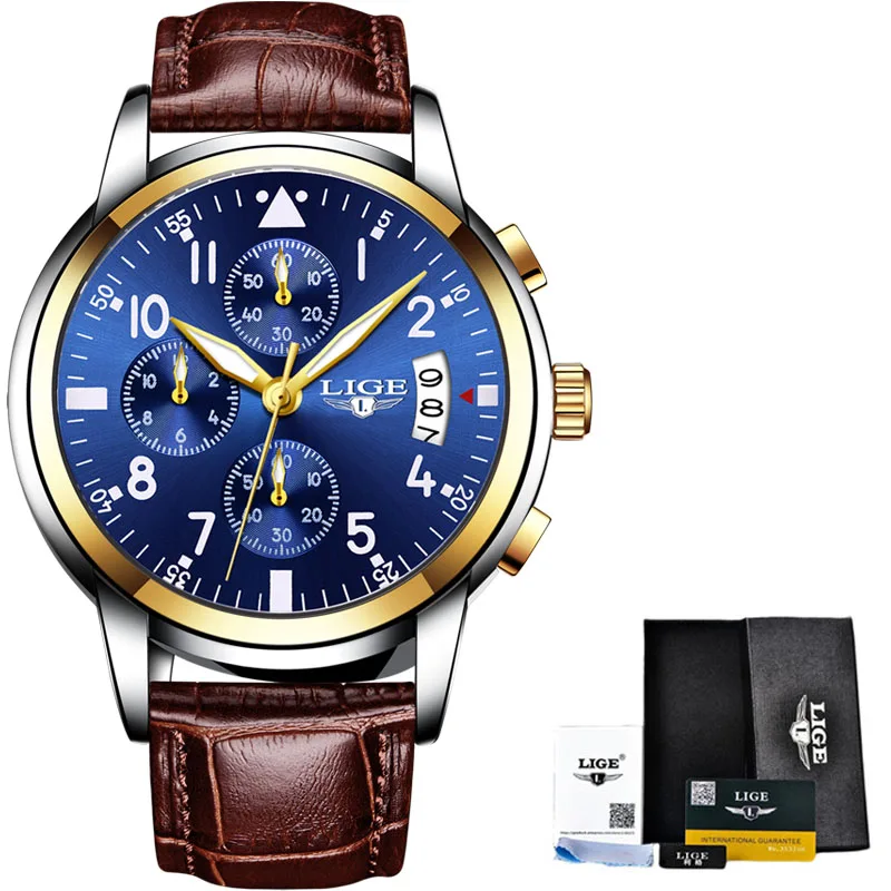 Relogio Masculino, мужские часы, водонепроницаемые, кварцевые, бизнес часы, LIGE, Лидирующий бренд, Роскошные, мужские, повседневные, спортивные часы, мужские, Relojes Hombre - Цвет: Gold blue