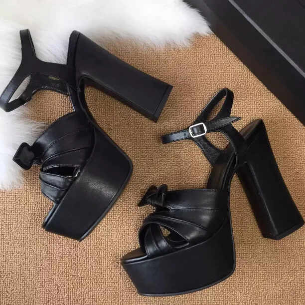 

Sestito 2019 Girls Sweety Butterfly-knot Square High Heels Summer Gladiator Sandals Women Peep Toe Buckle Dress Runway Shoes