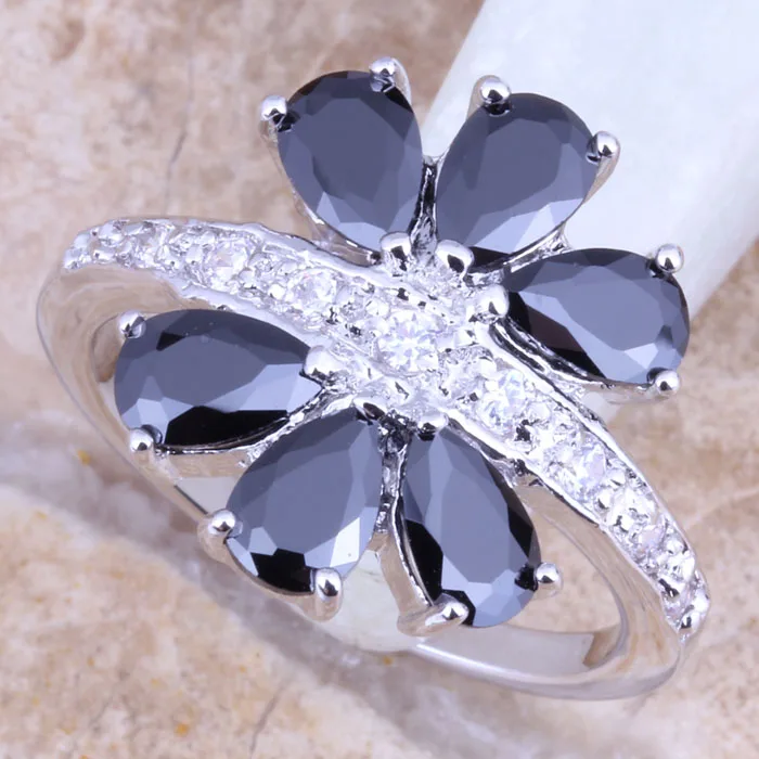 

Divine Black Cubic Zirconia White CZ Silver Stamped 925 Women's Ring Size 6 / 7 / 8 / 9 R1411