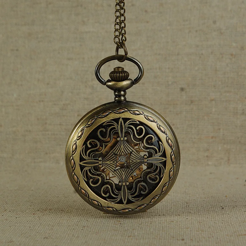 

Chinese Knot Vintage Bronze Pocket Watch Perspective Hollow Carved Flower Pattern Design Pendant Mechanical watch Cute Gift