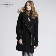 ANDREW MARC 2016 Women Fur Collar Hooded Wool Blends Jackets Coat New Fashion Autumn Winter Female Woolen Coats TW6AW600