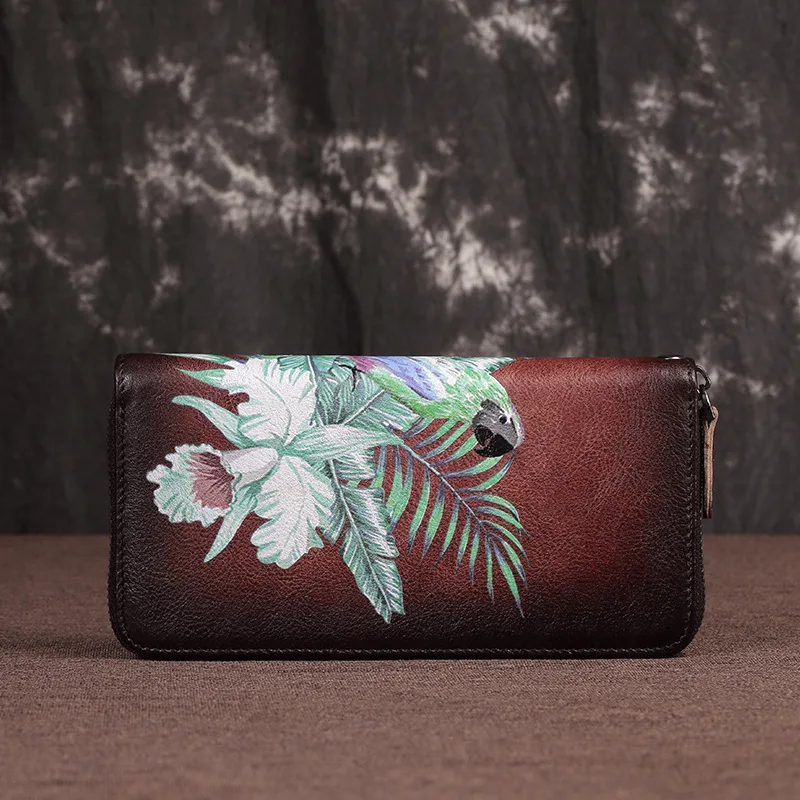 

Genuine Leather Woman Wallet Handmade Long Purse Vintage Solid Cowhide multiple Card Holder Retro Clutch Fashion Standard Wallet
