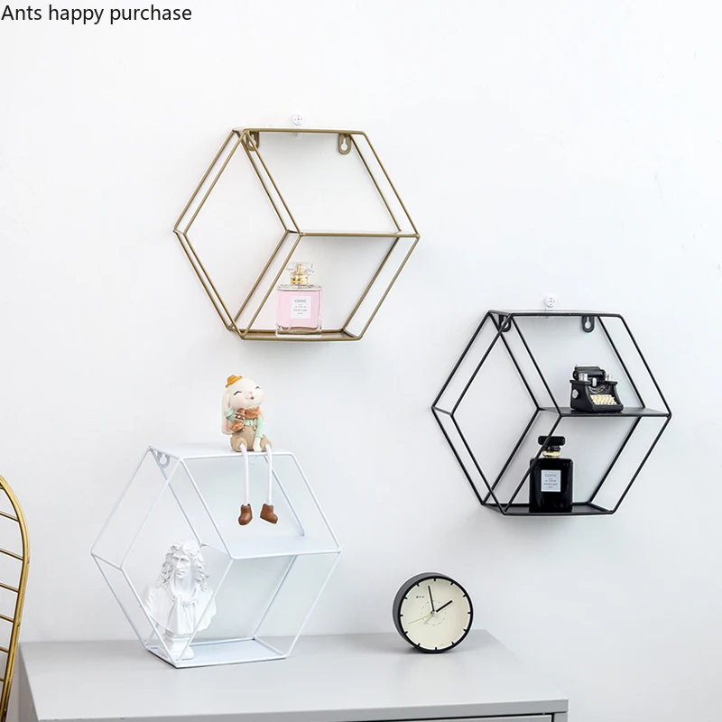 

Hexagon Gold Storage Racks Hanging Decor Storage Box Flower Pot House Storage Rack Wall Book Figurines Display Crafts Shelves