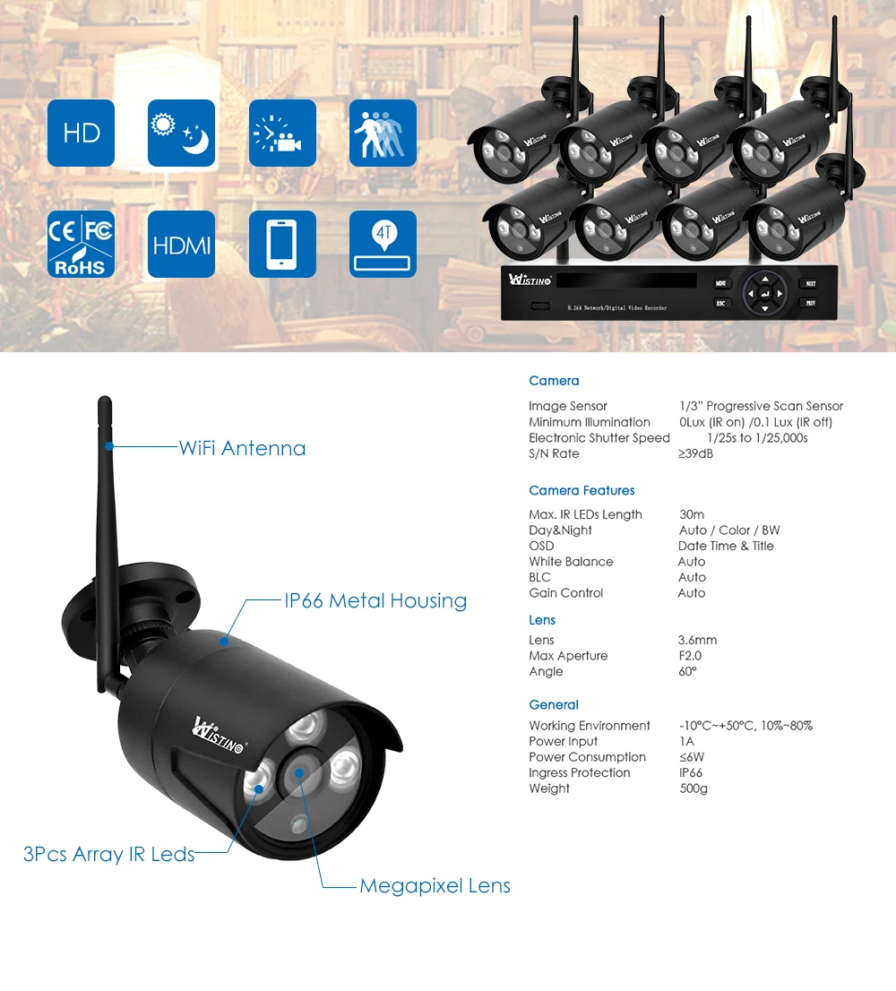 Wistino HD 1080P 8CH Wireless IP Camera NVR Kit CCTV Security Cameras System 2MP Surveillance Kits Outdoor Wifi XMEye Waterproof (12)
