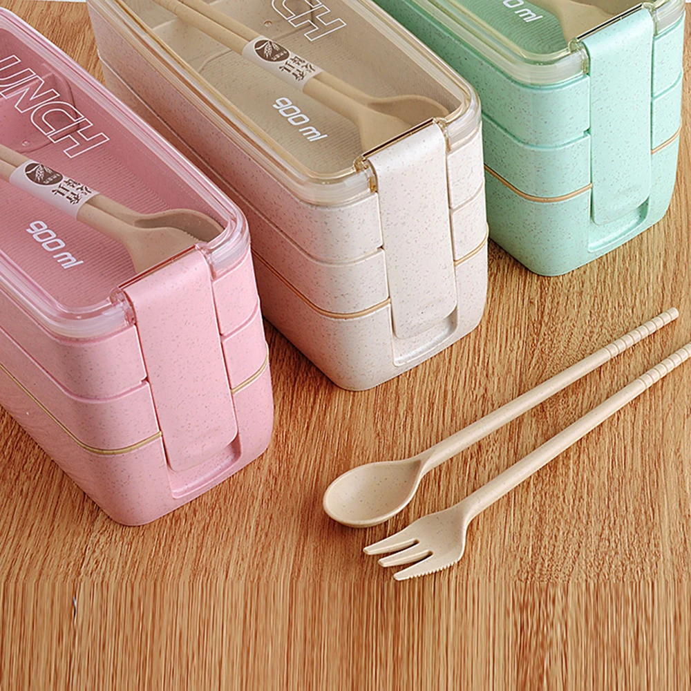 900ml Healthy Material Lunch Box 3 Layer Wheat Straw Bento Boxes Microwave Dinnerware Food Storage Container Lunchbox