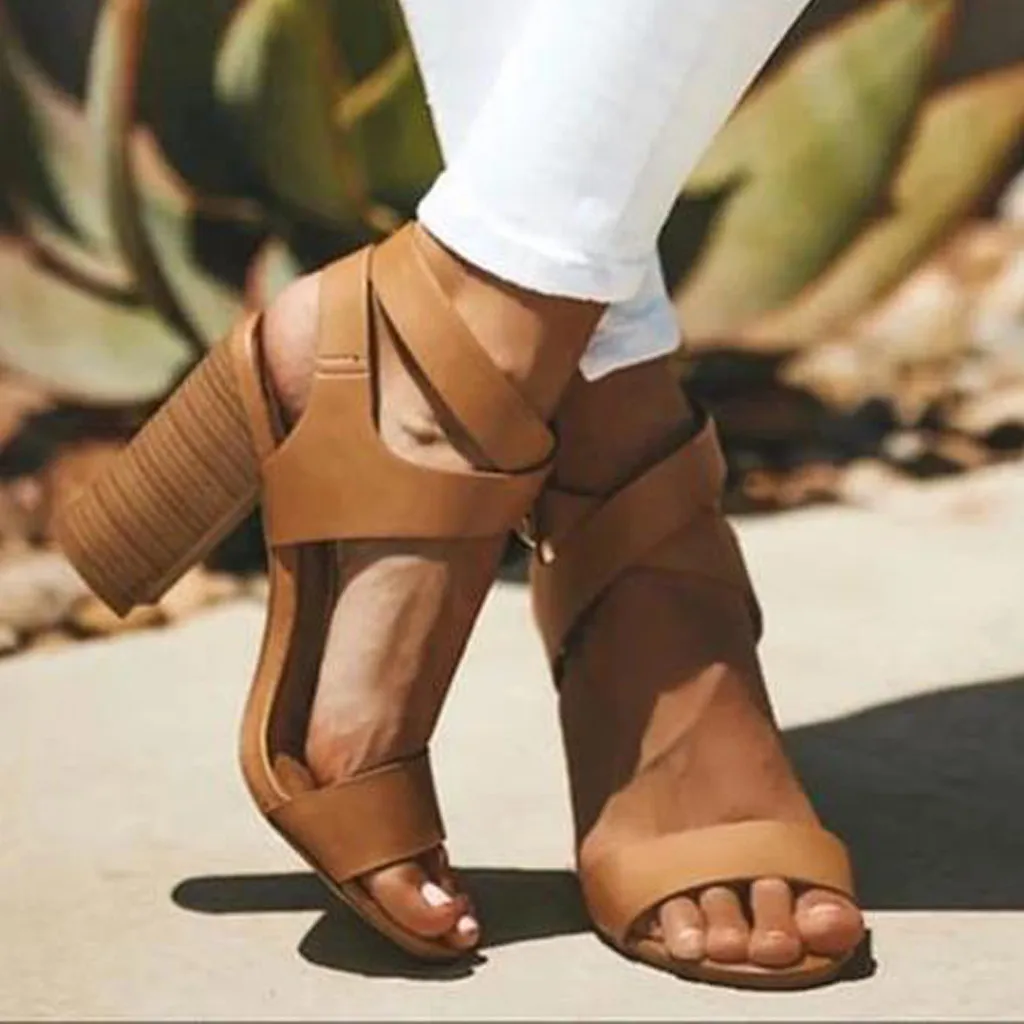 

Retro Bohemia Gladiator Square heel Sandals Sandalia Feminina chaussures femme Cross-tied Buckle Strap high heels sandals women