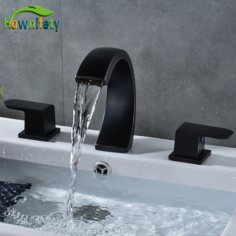 

Oil Rubbed Bronze Widespread 3pcs Bathroom Basin Faucet Double Handles Waterfall Spout Mixer Tap Deck Mounted