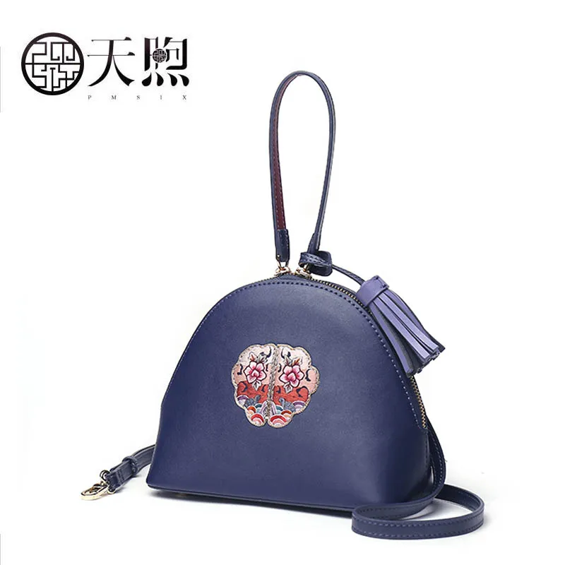 

Pmsix 2019 New women Leather bags famous brand women Leather handbags fashion Luxury embroidery women handbags clutch Shell bag
