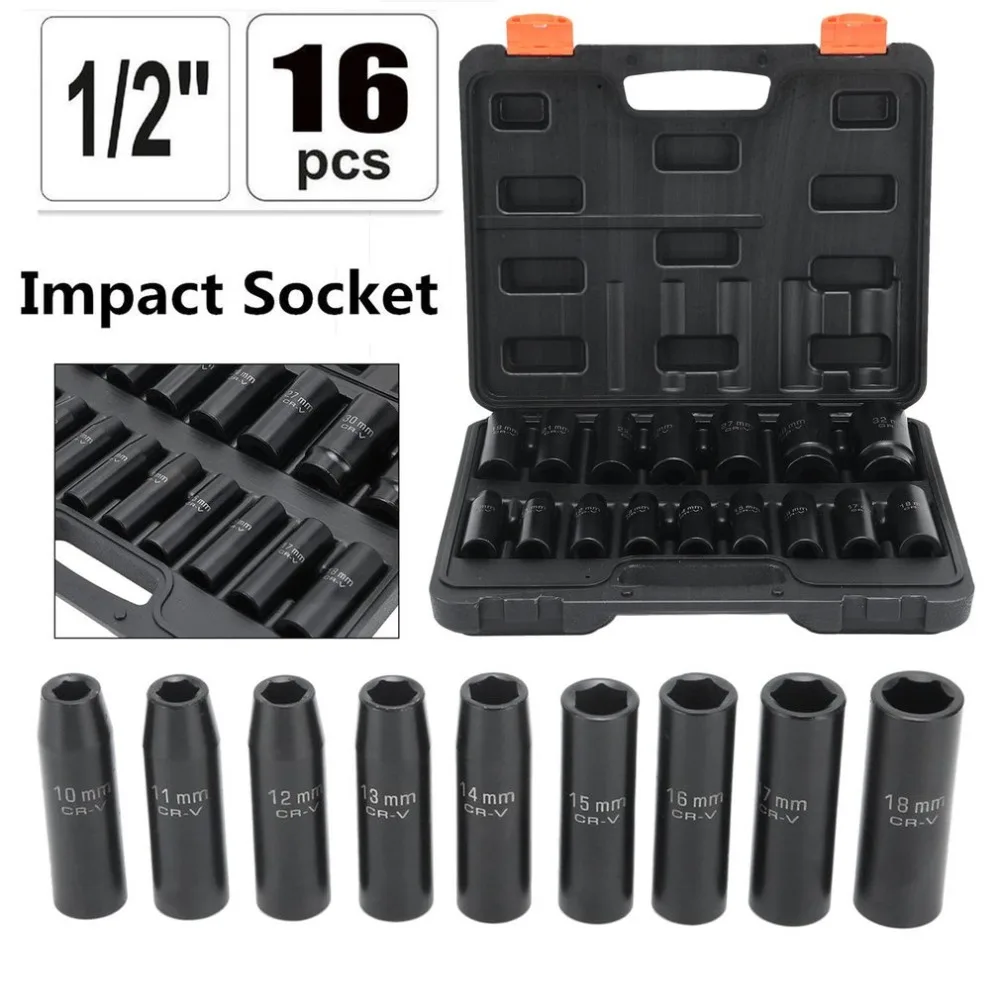 

16 Pcs/Set 1/2 Inch Drive Impact Deep Socket Set 10-32mm Nut Socket 6 Point Metric Sockets Garage Workshop Maintain Repair Tool