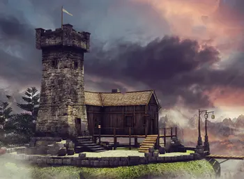 

Sunset Scenery Fantasy Tower House Bridge tree photography backgrounds Vinyl cloth Computer print wall photo backdrop