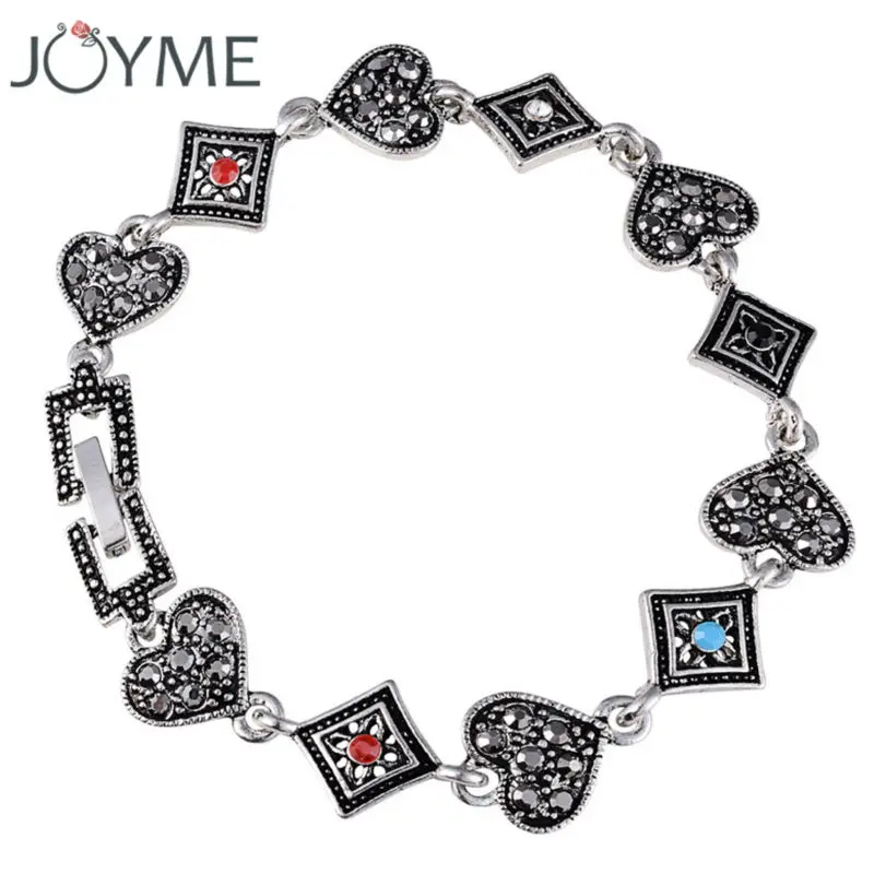 Joyme винтажные браслеты с подвесками в виде сердца для женщин, цинковый сплав тибетского серебристого цвета, Ретро ювелирные изделия, черный марказит, винтажные аксессуары