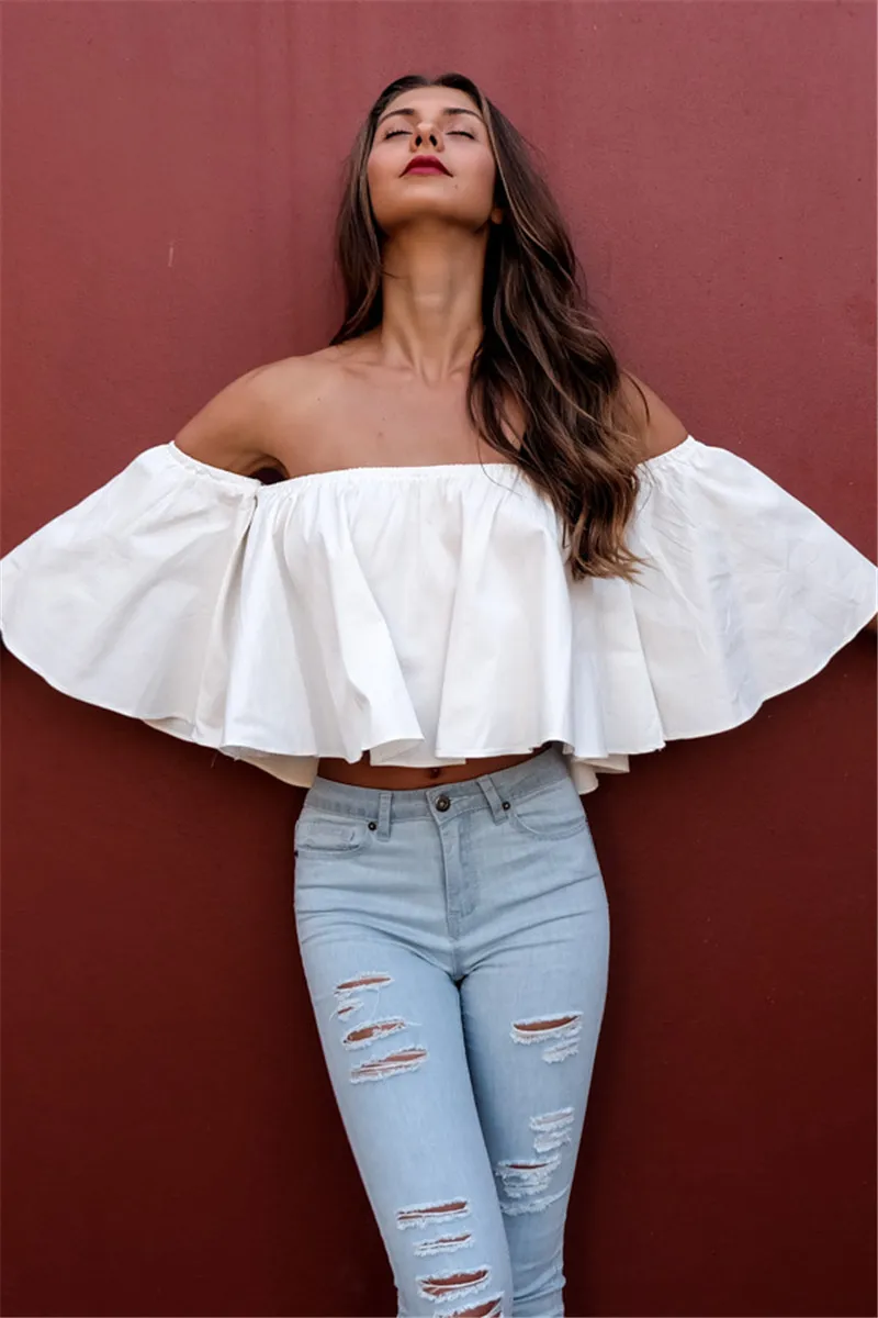 Women Summer Blouse Shirts Sexy Off Shoulder Black White Shirt Loose 