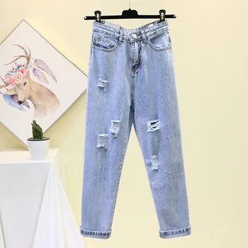 

Women Jeans 2019 New Old Vintage Loose Denim Pants Straight Harem Pants Korean Fashion High Waist Ripped Jeans Shredded Trousers