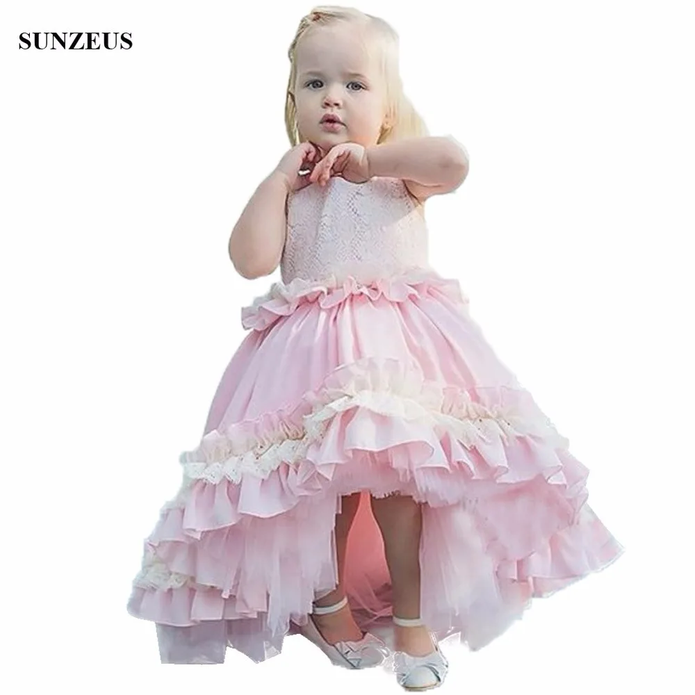 Бальное платье розовое платье для девочек с цветами короткое спереди и длинное сзади Свадебная вечеринка платья с оборками flg027