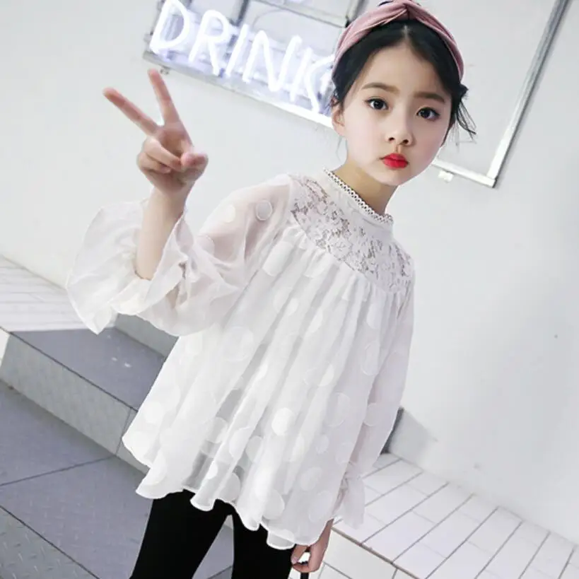 Г. Осенняя шифоновая кружевная блузка в горошек для маленьких девочек-подростков черно-белая одежда детская рубашка с длинными рукавами для девочек топы для детей JW4252 - Цвет: 2 girls blouse