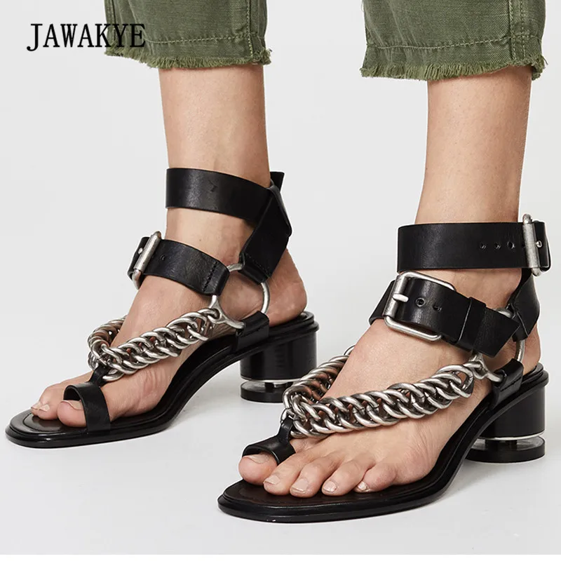 black gladiator sandals with chain link accent