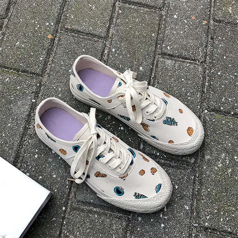 

New Women Flat Shoes Graffiti Canvas Autumn Vulcanized Ladies Platform Lace Up Comfort Casual Shoes Female Fashion Footwear