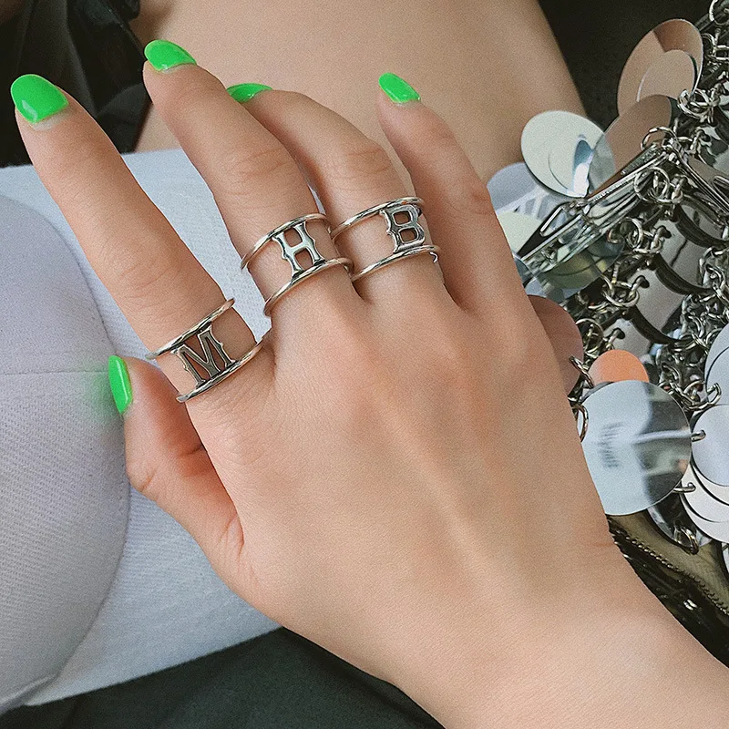 

Simple Letter Rings For Women Silver Color Double Layers Open Ring Adjustable 2019 Fashion Jewelry