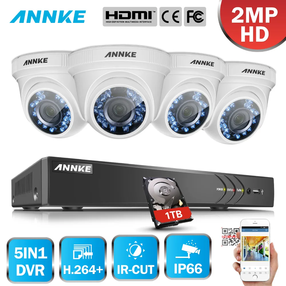 

ANNKE 3MP 4CH 5in1 HD TVI CVI AHD IP H.264+ DVR 4PCS 2MP 1080P HD Outdoor Weatherproof IR Night Security Camera System With 1TB