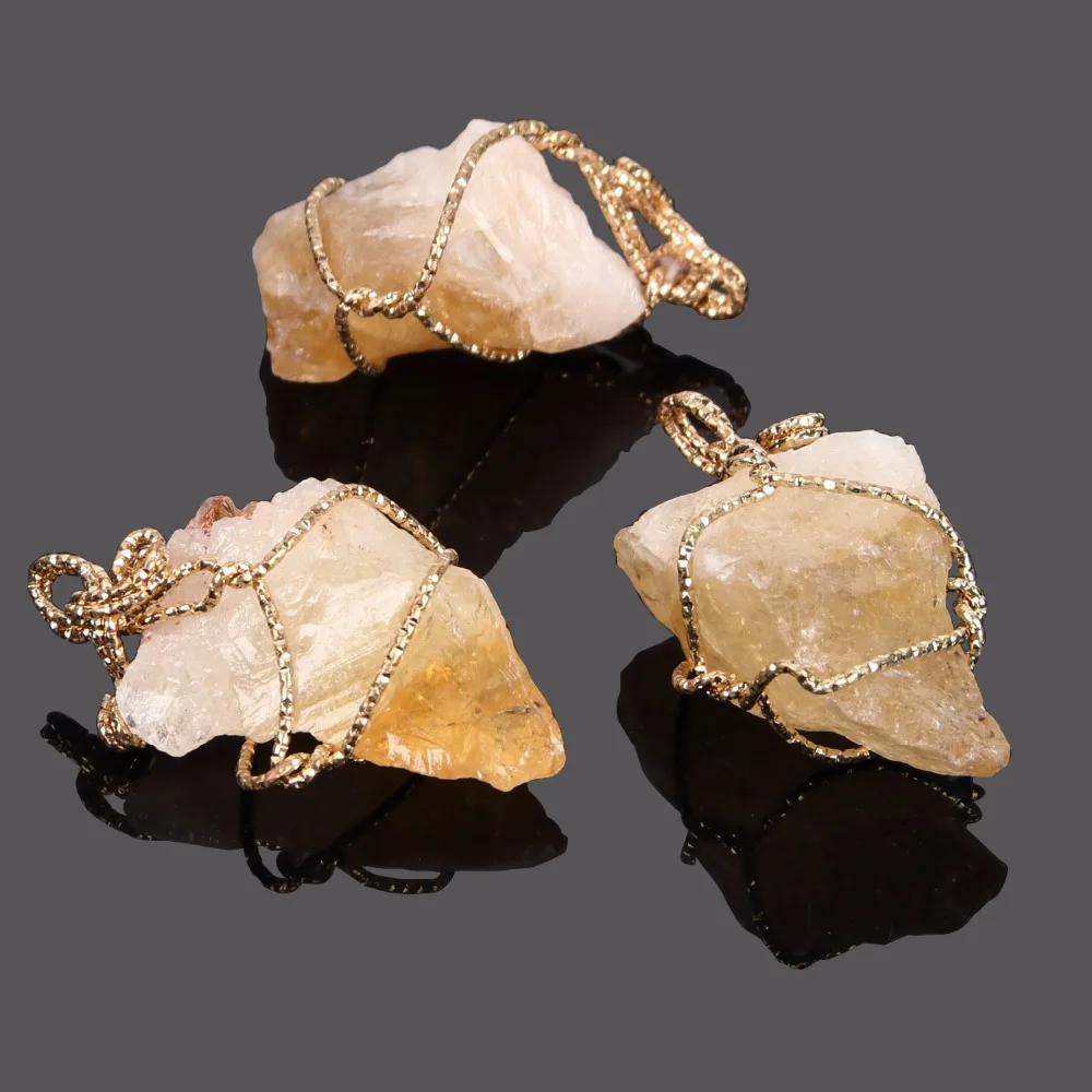 

Gold Color Plated Handmade Wire Wrapped Quartz Stone Pendant Natural Citrines Yellow Crystal Nuggets Irregular Stone Pendants