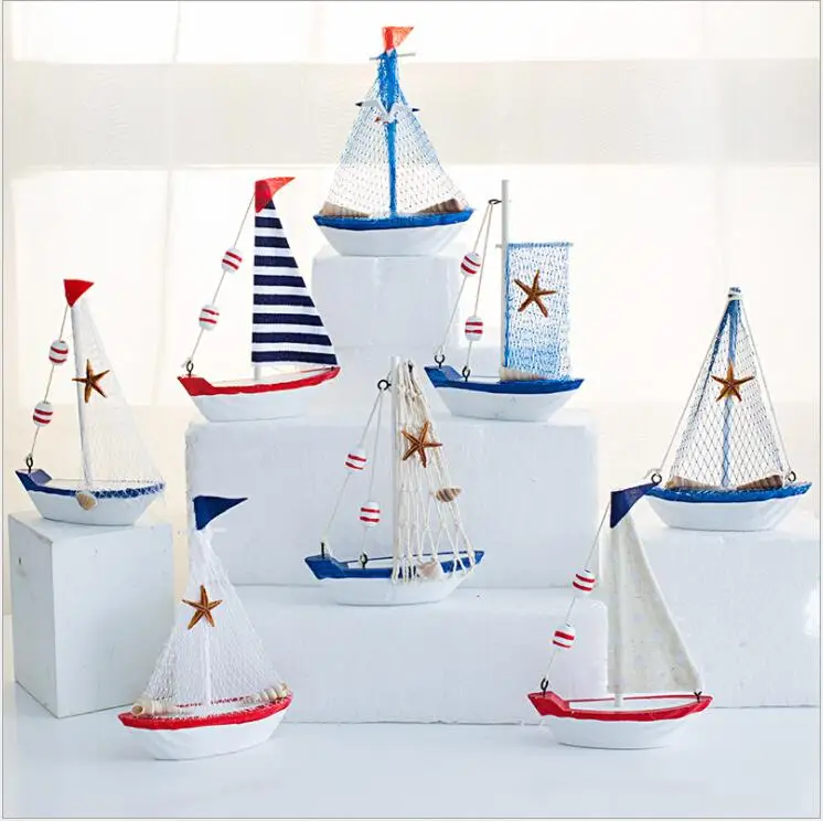 

New Mini Mediterranean Nets Starfish Sailboat Ornament Wooden Blue White Stripe Sailing Ship Model Crafts Home Nautical Decor
