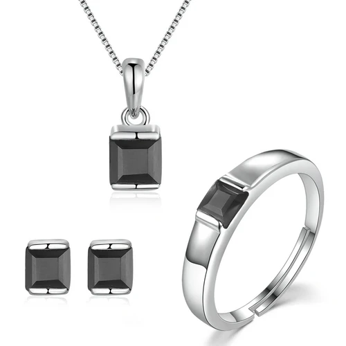 Ламон 4x4 мм 0.6ct натуральный черный ювелирные изделия из халцедона наборы S925 Кольца+ серьги+ ожерелье+ браслет для женщин подарок V008-B-1 - Цвет камня: 3PCS