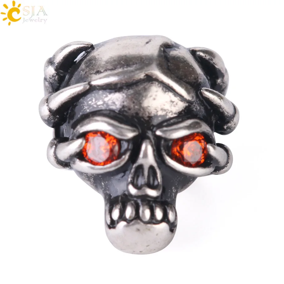 

CSJA Punk Red Eye Skull Head Jewelry Accessories Devil Hand Bone for Necklace Bracelet Hiphop Style Antique Silver Color S082