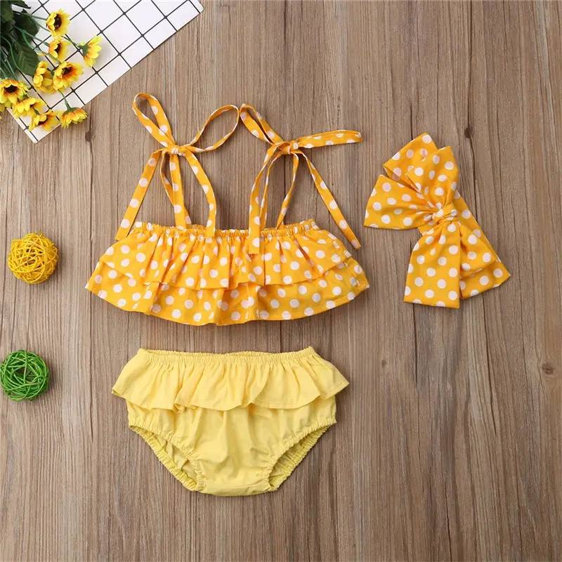 Детский купальный костюм для маленьких девочек, детский купальный костюм, пляжная одежда, топ в горошек+ шорты+ повязка на голову, бикини принцессы, 3 предмета, От 1 до 6 лет - Цвет: Цвет: желтый