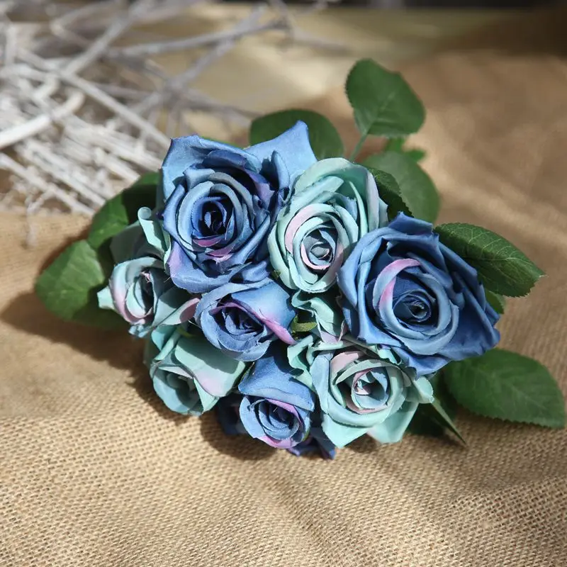 9 голов искусственные цветы розы Букет невесты шелковые искусственные цветы Свадебные украшения для дома вечерние украшения для свадьбы искусственные листья растения - Цвет: Gem Blue