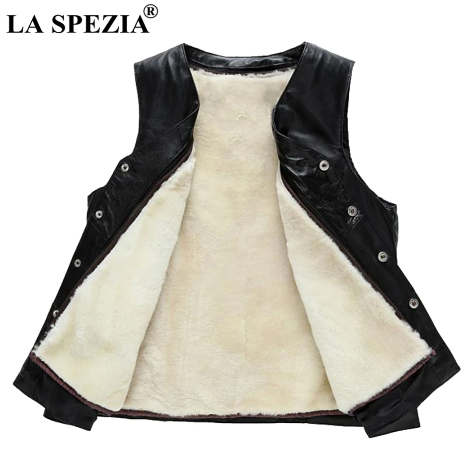 LA SPEZIA Winter Vest Women Genuine Leather Warm Waistcoat Ladies Wool Detachable Biker Real Leather Black Sleeveless Jackets