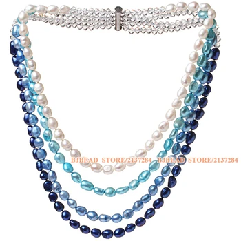 

Nice Multi Strands White And Blue Series Baroque Freshwater Pearl And White Clear Crystal Beads Party Necklace For Women