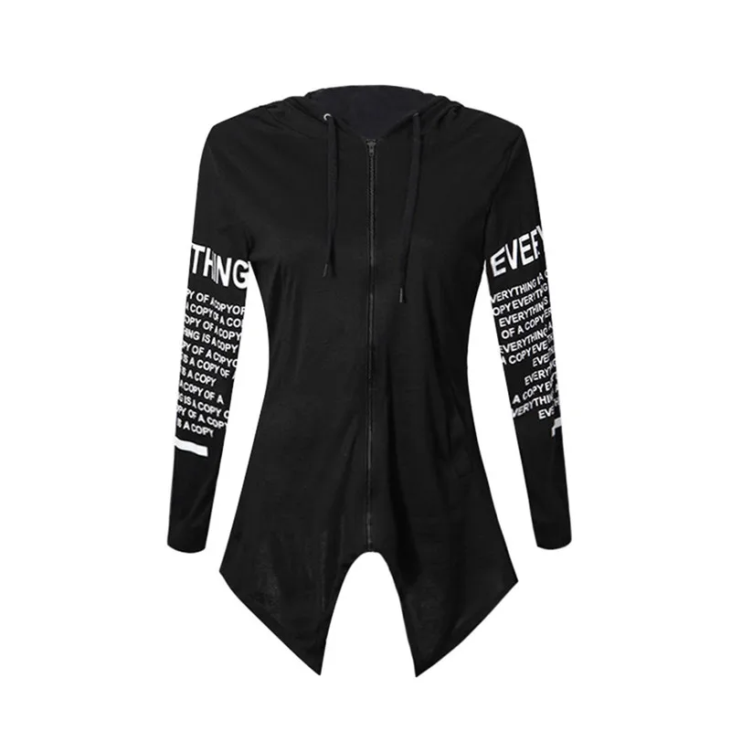 

Letter Print Hooded Pullovers Harajuku Style Women Sweatshirts Irregular Sportswear Top Zipper Design Female Hoodies Outerwears