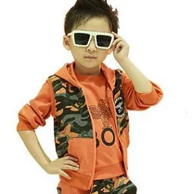 Новые камуфляжные комплекты одежды для мальчиков, детские спортивные костюмы на весну и осень, теплые детские комплекты 3 цветов, 3 предмета, HC028 - Цвет: Orange