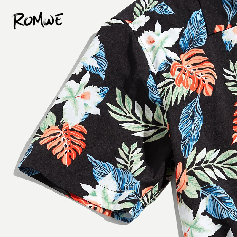 ROMWE Men Button Up Tropical Print Top 2019 Fashion Beach Summer Male Short Sleeve Turn Down Collar Single Breasted Blouse