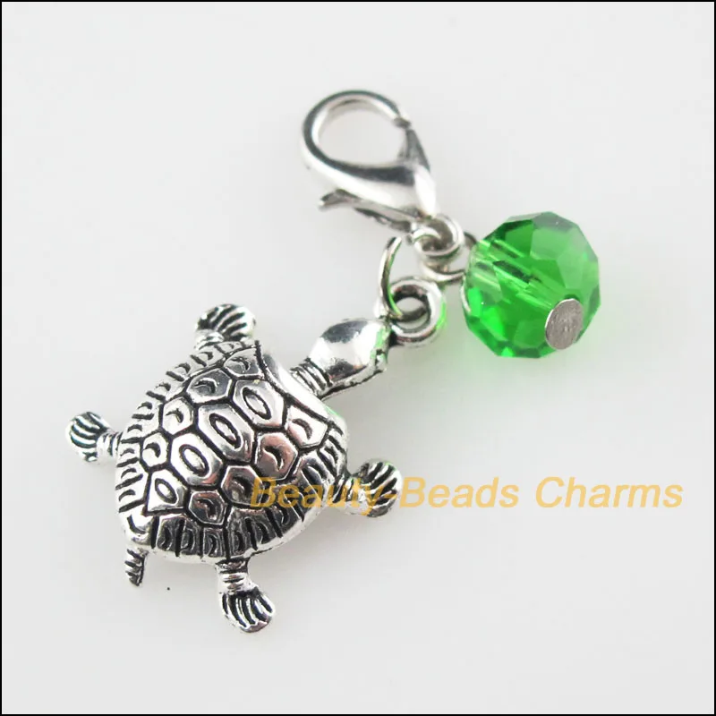 

5Pcs Tibetan Silver Tortoise Charms Pendants Green Crystal Beads Lobster Clasp