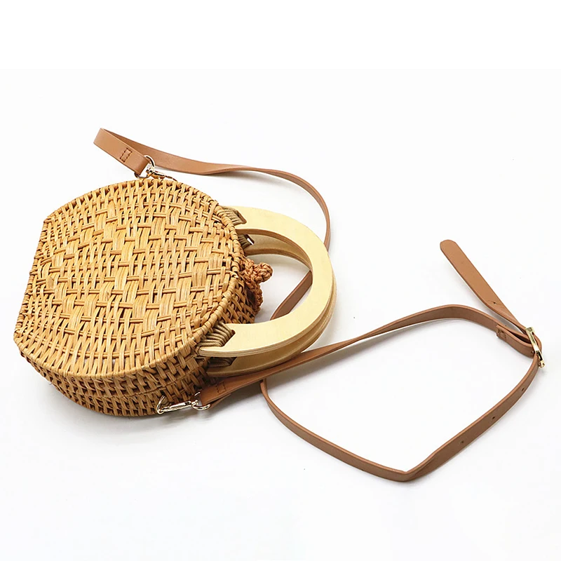 حقيبة يد من القش المرأة خشبية اليد-المنسوجة الأعلى مقبض حقيبة شاطئية التعميم الحياكة أكياس حقيبة تسوق سفر حقائب قش للنساء Crossbody حقيبة