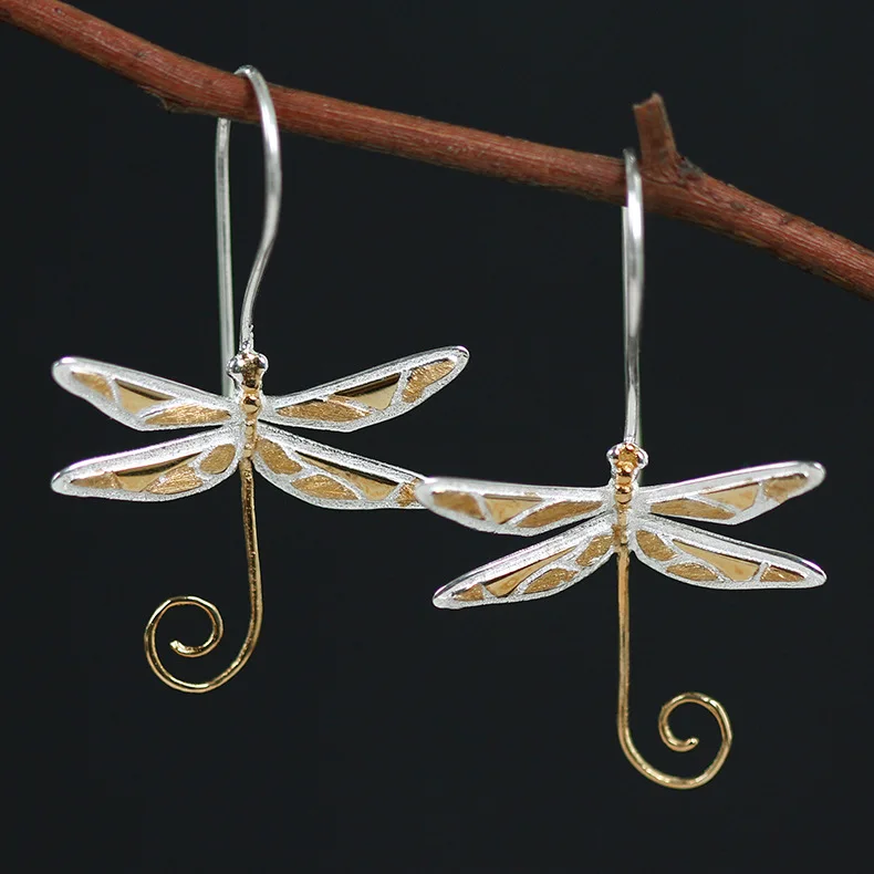 

CMAJOR Designer 925 Sterling Silver Two Tone Gold Plated Dragonfly Earrings Women Girls Original Fine Jewelry Wholesale
