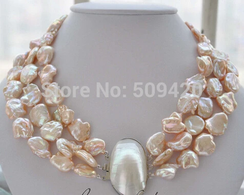 

~~ Free Shipping >>3strands 14mm BAROQUE pink KESHI REBORN PEARL NECKLACE mabe clasp