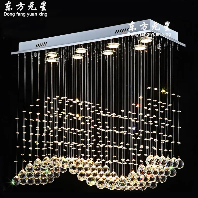 

LED crystal chandelier lamp light rectangular wave rain drop crystal restaurant bar dining hall table hanging lamp