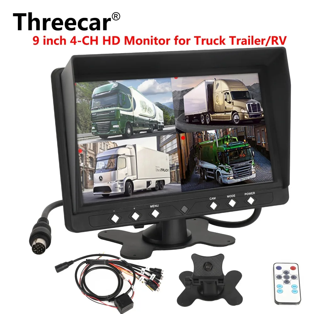 

DC 12V/24V 9 Inch Car Parking Monitor With 4CH 4PIN HD Video input Monitors Car Quad Split Monitor For Truck Caravan Vans Camera