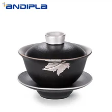 185cc черный дзен грубая керамика позолоченный серебряный Gaiwan бутик инкрустированный оловянный кленовый лист чайный набор кунг-фу чайник мастер чашка контейнер с крышкой