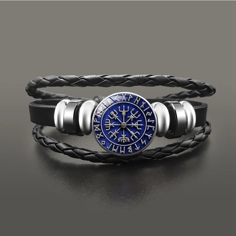 Viking Compass Multilayer Beads Snap Button Bracelet Men Fashion Braided Leather Bracelets Bangles Retro Punk Wrap Wristband - Окраска металла: 2