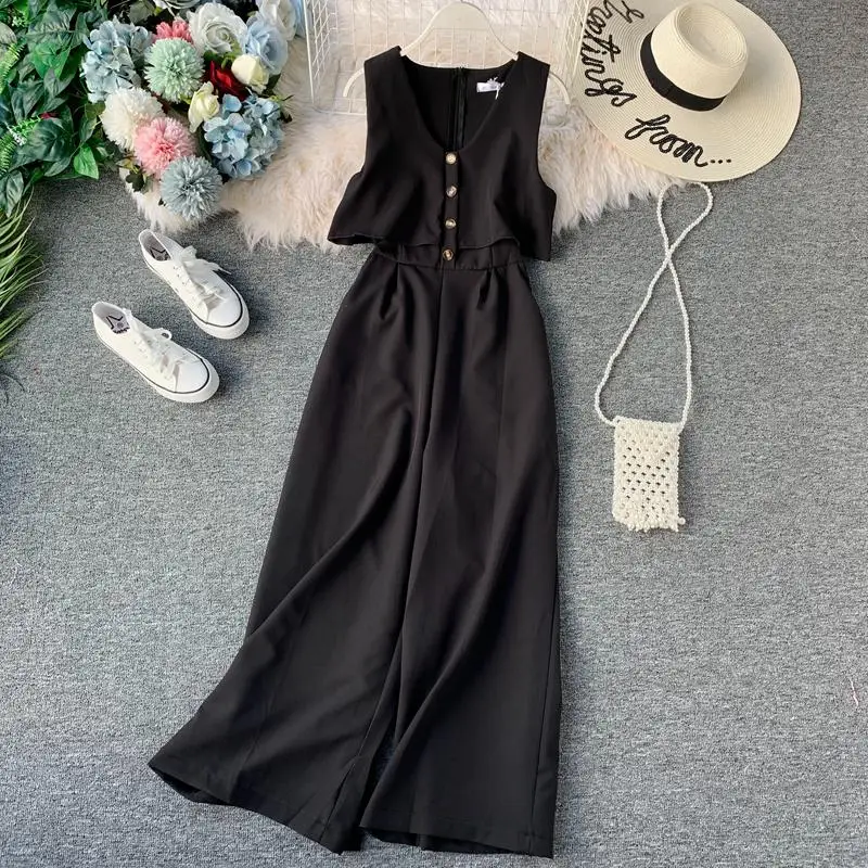 Elegant Wide Leg Jumpsuit Playsuit Women Fashion Single Breasted Ruffles Solid Sleeveless Long Romper Summer Casual Streetwear - Цвет: Черный