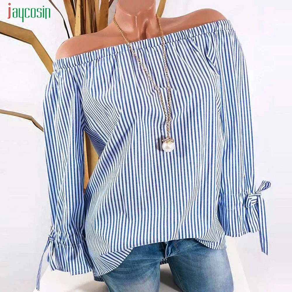

Jaycosin Women Striped Blouses Fashion Half Sleeve Slash Neck Plus Size Shirt Ladies Casual Loose Off Shoulder Blusas Femininas