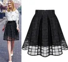 New Women Long Skirt Transparent Tulle Skirts Womens High Waist Pleated Midi Skirts Organza Saia Feminino