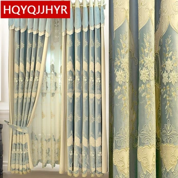 

Royal aristocratic European top Blue embroidery Blackout curtains for Living Room windows high-end villa curtains for Bedroom