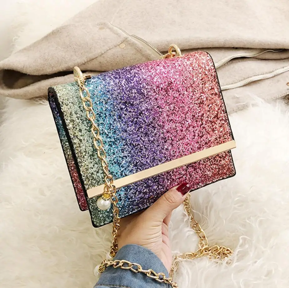 

Gradient Sequin Small Square bag 2019 Fashion New Quality PU Leather Women's Designer Handbag Pearl Chain Shoulder Messenger Bag