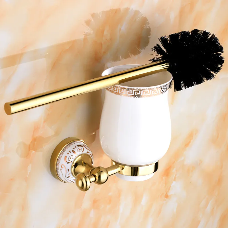 European Gold Polished Ceramic Toilet Brush Holder Plated Toilet Brush Copper Toilet Cup Holder Mounting Bathroom Accessories U5